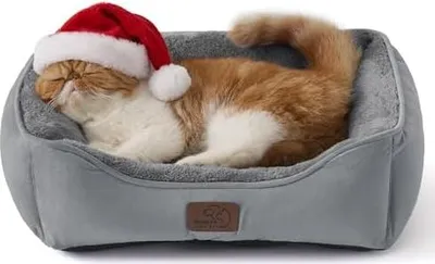 Produktbild von BEDSURE Katzenbett waschbar Katzen Bettchen - 51x41cm Katzenkorb Indoor mit Rutschfester Basis, quadratisches Hundebett für kleine Hunde mit weichem Rand, grau