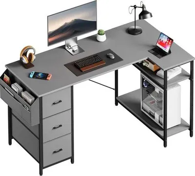 Productafbeelding van Hoekbureau met Lades - Computerbureau L-vorm - Thuiswerken - Verstelbare Opbergruimte - 120 x 80 cm - Grijs