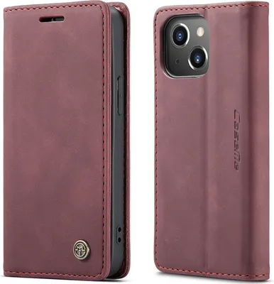 Produktbild von iPhone 14 Hülle, Retro Kunstledertasche TPU Innere, Kartenfächer, Magnetverschluss, Klapphülle mit Standfunktion Schutzhülle für iPhone 14 Rot