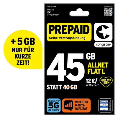 Produktbild von congstar Prepaid Allnet L: 45 statt 40 GB Datenvolumen & Flatrate für Telefonie und SMS, 5G-Speed, EU-Roaming