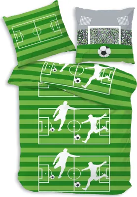 A collection of bedding items with a soccer theme, including a pillow and a duvet cover, laid out on a white background.