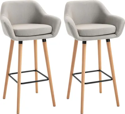 Produktbild von Barhocker 2er-Set Bequemer Barstuhl aus Leinen mit Sitzkissen, Küchenhocker, Bistrohocker mit Fußstützen, Buchenholzbeine, Beige