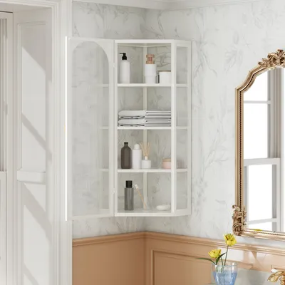 Imagen del producto de STILVORA: Armario de pared con 4 estantes y cristal transparente, armario de esquina triangular sin trasera, ideal para almacenamiento en cocina y baño, color blanco