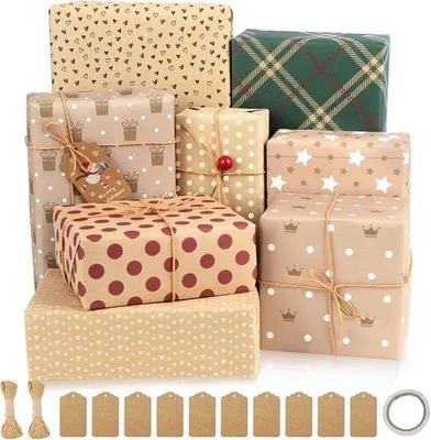 Produktbild von Famanu Geschenkpapier Set - 8 Bögen Geschenkpapier mit 8 Designs, 10 Geschenkanhängern & 2 Rollen Schnur