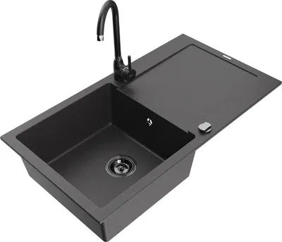 Produktbild von Mexen Leo 1 Becken-Granitspüle mit Abtropffläche und Mischbatterie Telma, Schwarz gesprenkelt - 6501-76-670200-70-B