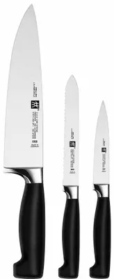 Obrázek produktu pro Sada nožů ZWILLING Four Star, 5 kusů – Dřevěný blok s gumovými prvky, barva černá – Kuchyňské nože s ocelí FRIODUR (zpevněné chlazením) včetně univerzálních nůžek, productTiles.product.images.aiGenerated