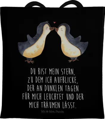Produktbild von Mr. & Mrs. Panda Stoffbeutel Pinguin Liebe - Schwarz - Geschenk, Shopping Tasche, Uni, Hochzeitstag, Schultasche, Vertraut, Jutebeutel, Liebesbeweis, Hochzeit, Freundin