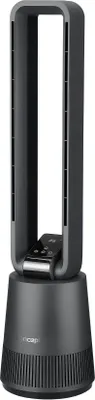 A modern gray tower fan with a remote control docked at its base.