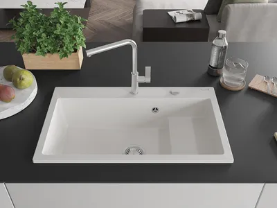 Immagine prodotto di Mexen Omar lavello in granito 1-vasca 800 x 480 mm, bianco, sifone cromato - 6520801005-20
