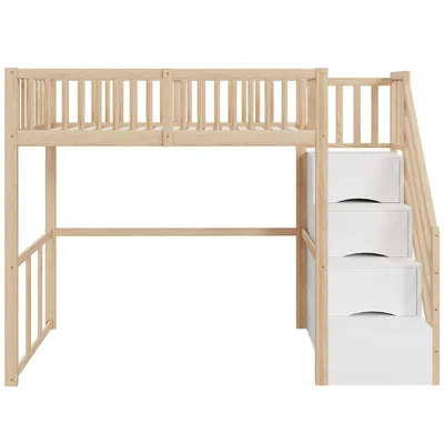 Produktbild von Flieks Etagenbett 90x200cm mit Rausfallschutz, Kinderbett mit Treppe, Hochbett mit Schubalden und Regal, Holzbett Stockbett Einzelbett, Naturbelassen