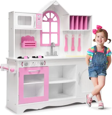 Produktbild von GOPLUS Kinderküche, Spielküche mit Mikrowellenofen, Herd, Wasserhahn, Kochutensilien & Dekorationsfenster, Kinderspielküche mit Regalen & Schränken für Kinder ab 3 Jahren, weiß+rosa