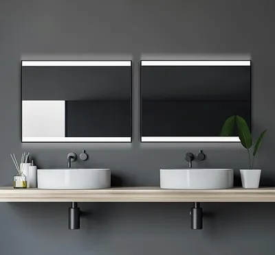 Immagine prodotto di Specchio da bagno LED nero lucido, 80x60 cm, con illuminazione – Specchio da parete con illuminazione a LED bianco neutro – Cornice in alluminio nero opaco – Specchio da bagno illuminato