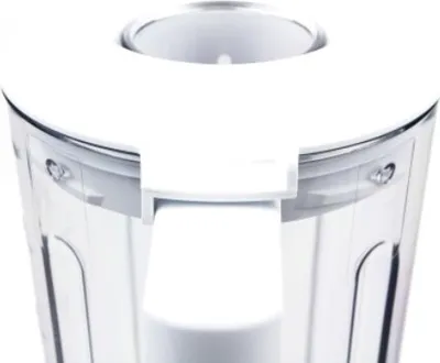 A close-up view of the top of a white and transparent blender jug with its lid.