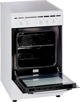 A white electric stove with its oven door open, showing the interior.