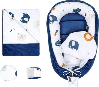 Image de Ensemble pour lit de bébé pour nouveau-nés 90 x 50 cm : nid douillet avec motif arc-en-ciel bleu foncé, ensemble de 5 pièces