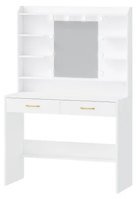 Image de Table de maquillage - Table de cosmétiques - Table de rangement pour bijoux - Table multifonctionnelle - Éclairage LED réglable pour miroir