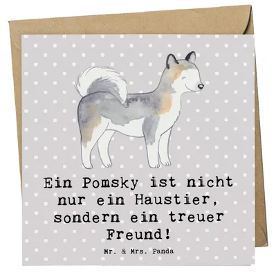 Produktbild von Mr. & Mrs. Panda Grußkarte Pomsky Freund - Grau Pastell - Geschenk, anlasskarte, Begleiter, Hunderassen Beschreibung, Mischling, doppelkarte, Hund, Haustier, Klappkarte