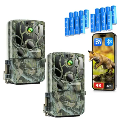 Produktbild von 2 Stücke 4K 48MP Wildkamera mit Handyübertragung APP WLAN Bluetooth mit Bewegungsmelder Nachtsicht 120° Weitwinkel Wildtierkamera mit 8 AA-Batterien