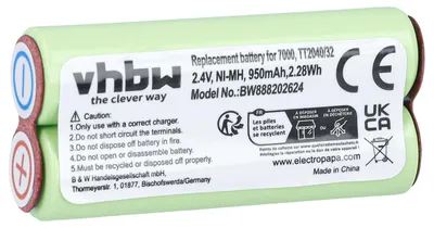 Produktbild von vhbw Akku kompatibel mit Philips Bodygroom Series 3000, Series 5000, BG2036/32, BG2040/34, BG2024/32, BG2026/32 Rasierer (950 mAh, 2,4 V, NiMH)