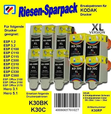 Produktbild von Kodak30 - TiDis Ersatzpatronen Riesensparpack mit 10 Patronen - 6x schwarz / 4x color -