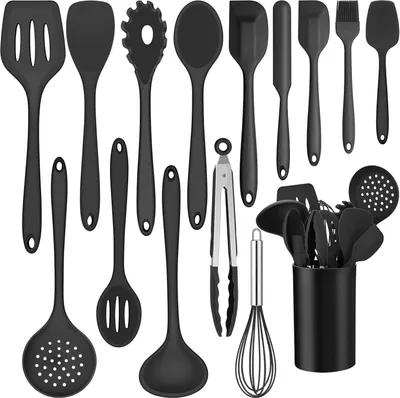 Produktbild von Silikon Küchenhelfer Set 15-teilig - Hitzebeständig Spülmaschinenfest Schwarz