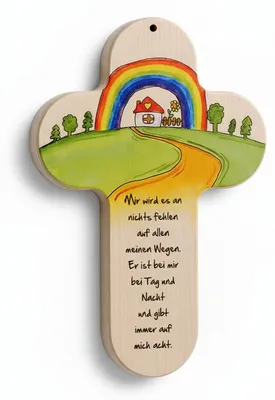 Kinderkreuz aus Buchenholz 20 cm, bunter Print, Schutzspruch