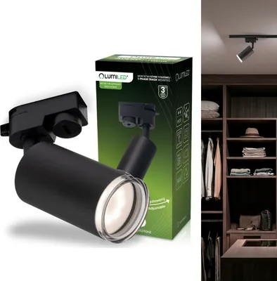 Zdjęcie produktu dla LUMILED Reflektor szynowy GU10 LED Reflektor szynowy, regulowany reflektor 1-fazowy z adapterem, 230 V, matowa czerń, obrotowy o 180°, aluminiowy reflektor punktowy do systemu szynowego, reflektor sufitowy do salonu, kuchni, biura, galerii