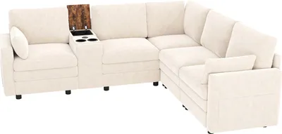 Produktbild von Merax Ecksofa 5-Sitzer, L-Form groß Cloud Sofa, mit Mittelkonsole, USB-Anschlüssen & Getränkehaltern, Wendbare Konsole mit Stauraum, Couch Sofa, Beige