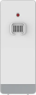 A white and gray weather station with a red indicator light and a vent.