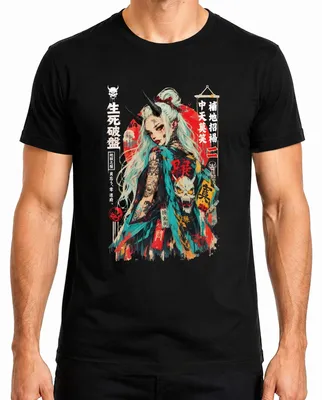 Imagen del producto de Camiseta para hombre con diseño "Oni Girl Dämon Frau", estilo anime/manga japonés, estética Y2K, color negro, talla XL