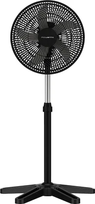 A black standing fan on a white background.