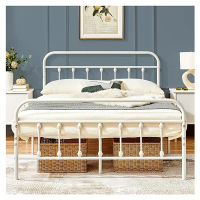 Produktbild von Bettrahmen im Vintage-Stil 140 x 200 cm aus Metall mit Lattenrost, modernes Gästebett, Jugendbett, Weiß