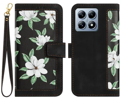 Immagine prodotto di Per Xiaomi 14T Pro Custodia a portafoglio in Pelle finta per cellulare Custodia con motivo floreale Custodia nera