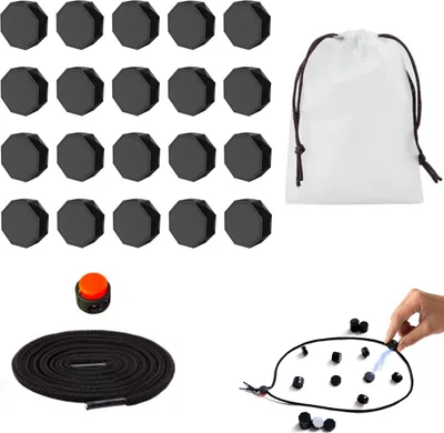 A collage of images showing components of a magnetic Xiangqi game, including black magnetic stones, a shoelace, a drawstring bag, and a hand interacting with the game pieces.