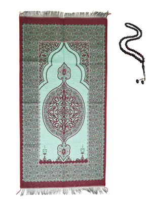 Zdjęcie produktu dla Turecki dywan modlitewny – wzór mihrab – cienki – 250 g – 125 x 65 cm – Misbaha – zielono-czerwony
