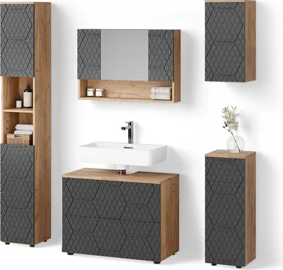 A collection of modern bathroom furniture pieces, including a tall cabinet, a wall-mounted cabinet with a mirror, a vanity unit with a sink, and a small floor cabinet, arranged against a white background.