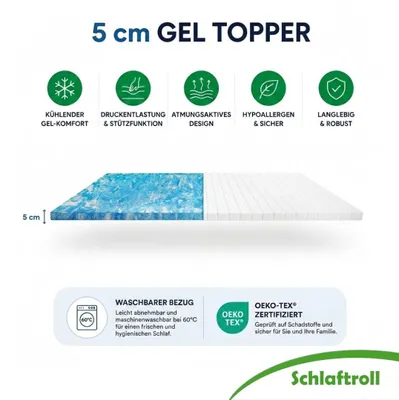 Produktbild von GELSCHAUM-Topper 100 x 200 mit atmungsaktivem Bezug – Komfortable Bettauflage für erholsamen Schlaf
