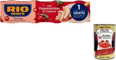 Produktbild von 48x Rio mare Tonno all'Olio di Oliva con Peperoncino di Calabria Tonno all'Olio di Oliva con Peperoncino di Calabria 80 g + Italian Gourmet polpa 400g