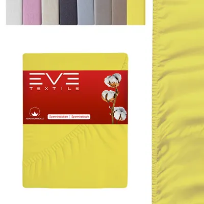 A yellow fitted sheet is shown folded with a product label on the front. A strip of other colored sheets is visible at the top.