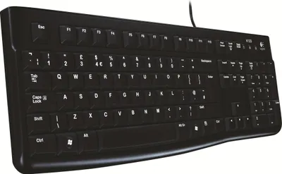 A black Logitech K120 keyboard is shown from a slightly elevated, diagonal angle against a white background.