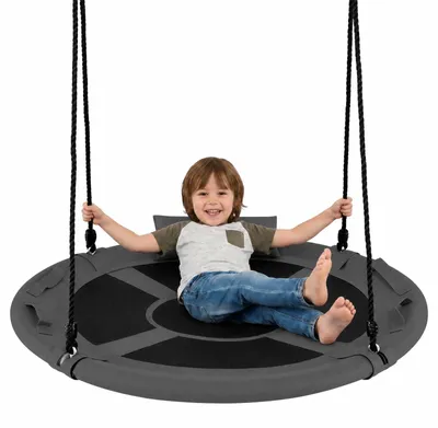 Produktbild von KOMFOTTEU Nestschaukel, Ø 100 cm Korbschaukel bis 150 kg belastbar, Kinderschaukel mit Kissen & Griffen, 100-180 cm höhenverstellbare Hängeschaukel, Tellerschaukel Rund für Outdoor & Indoor (Grau)