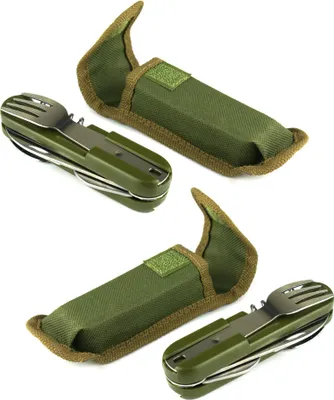 Produktbild von 2er Set Campingbesteck klappbar - 7 in 1 Reise Besteck - Klappbesteck für Unterwegs - Outdoor Besteckset mit Gürteltasche - 2 Stück Camping Essbesteck in Army Grün - Survival Essbesteck
