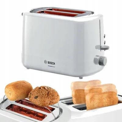 A white Bosch toaster with bread rolls and toast slices.