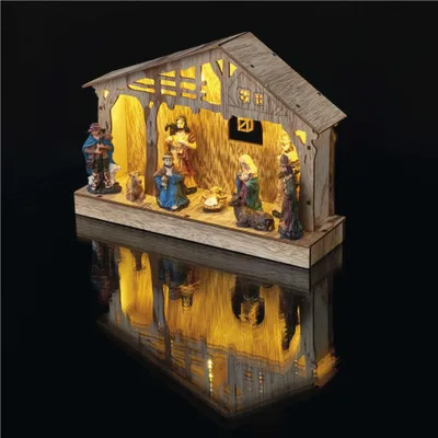 LED vánoční betlém dřevěný, 19 cm, 3x AA, vnitřní, teplá bílá, časovač