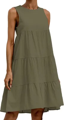 Produktbild von ASKSA Damen Kleider Round Neck Sommerkleid Dress Loose Sleeveless Patchwork Knielang Dresses, Armeegrün, L
