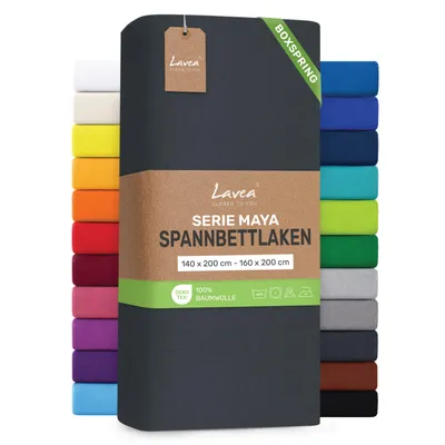 Produktbild von Lavea® Spannbettlaken 140-160x200 cm - Boxspringbett, Jersey, 40 cm Steghöhe, 100% Baumwolle, weich, atmungsaktiv, pflegeleicht, formstabil - Anthrazit