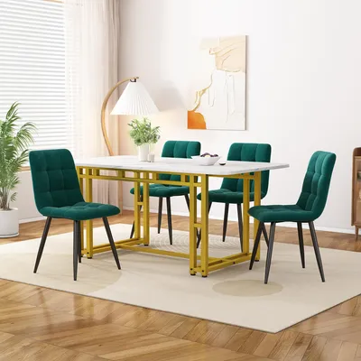 Obrázok produktu pre Súprava do kuchyne/jedálne: Moderný zlatý jedálenský stôl (120 × 70 cm, zlaté železných nohy) + 4 tmavozelené zamatové stoličky