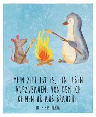 Produktbild von Mr. & Mrs. Panda Plaid Pinguin Lagerfeuer - Eisblau - Geschenk, Liebe, Grillen, Bettdecke, Tagesdecke, Job, Sofadecke, Kuscheldecke, Decke, Feuer, Maus