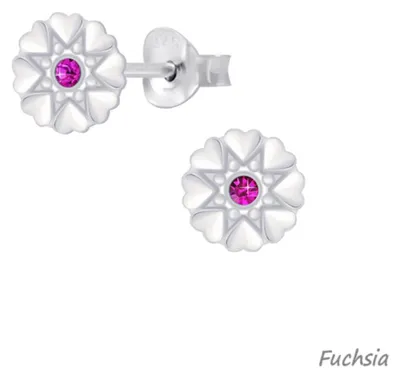 Produktbild von Blumen Herz Ohrstecker mit Kristall: 925 Silber Ohrringe Fuchsia