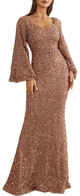 Produktbild von AI 2024 Abendkleid für Damen, Brautjungfernkleid, modisch, V-Ausschnitt, figurbetontes Paillettenkleid mit ausgestellten Ärmeln, mittelhoher Taille, langes Partykleid, Samt-Abendkleid